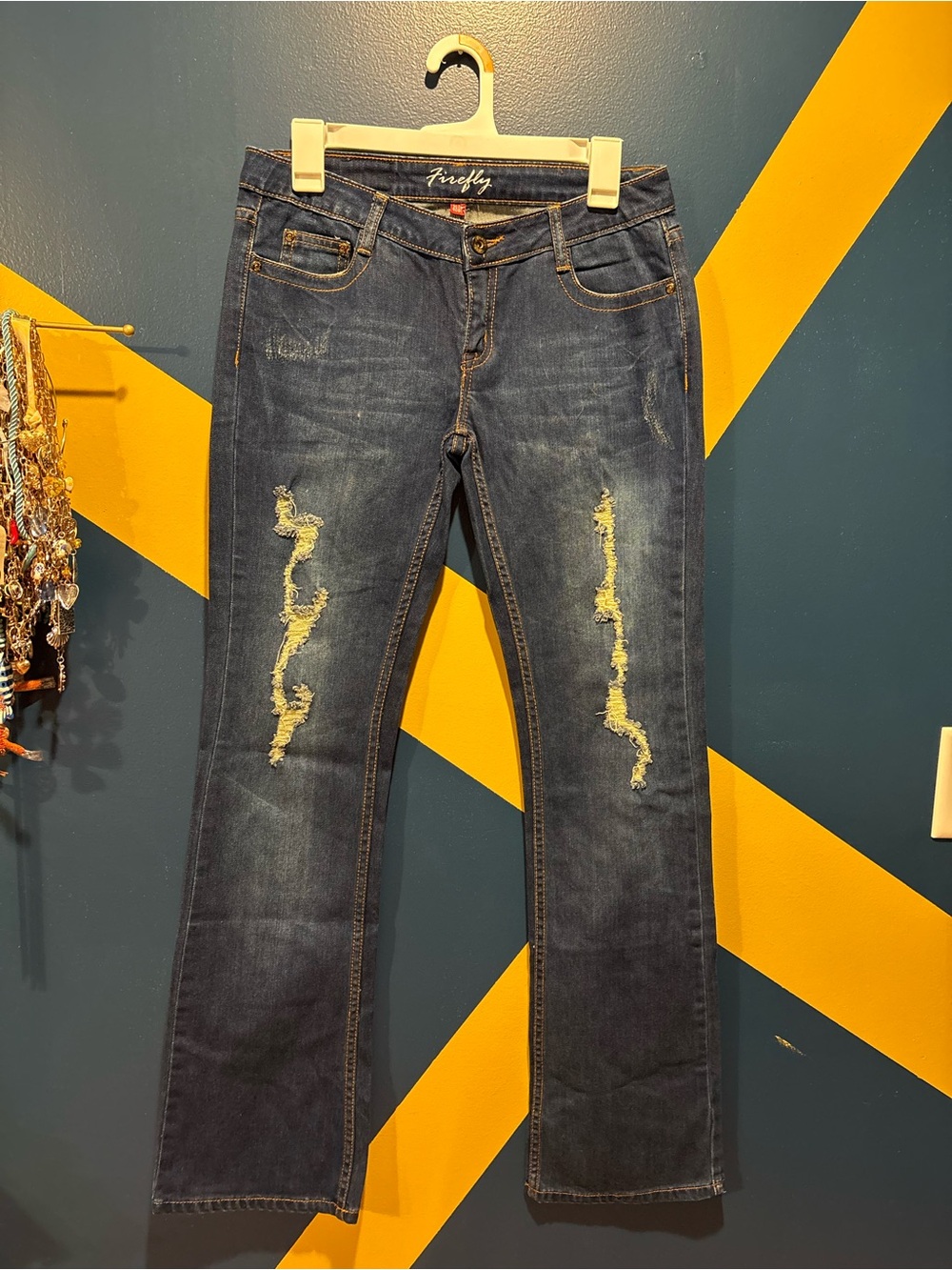 Firefly Dark Wash Distressed Ultra Low Rise Slim Boot Jeans EUC